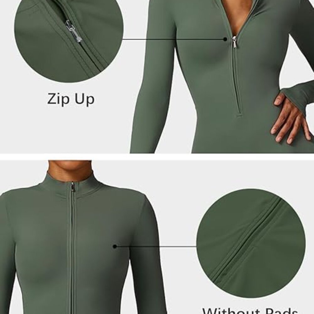 Womens  Workout Jumpsuit Zip Up Rompers Long Sleeve Yoga Unitard Full  Length - Picture 7 of 16